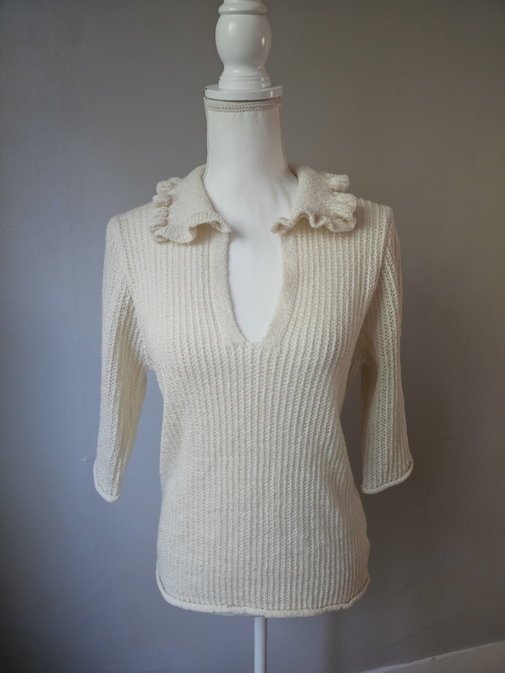Women's Cream Ruffle Collar Open Knit